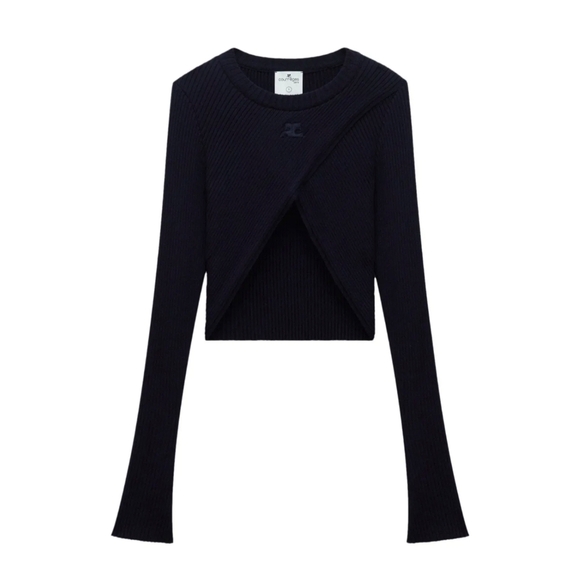 COURREGES Logo Rib Knit Criss Cross Long Sleeve Sweater Top Black 3 / Large - Picture 2 of 11